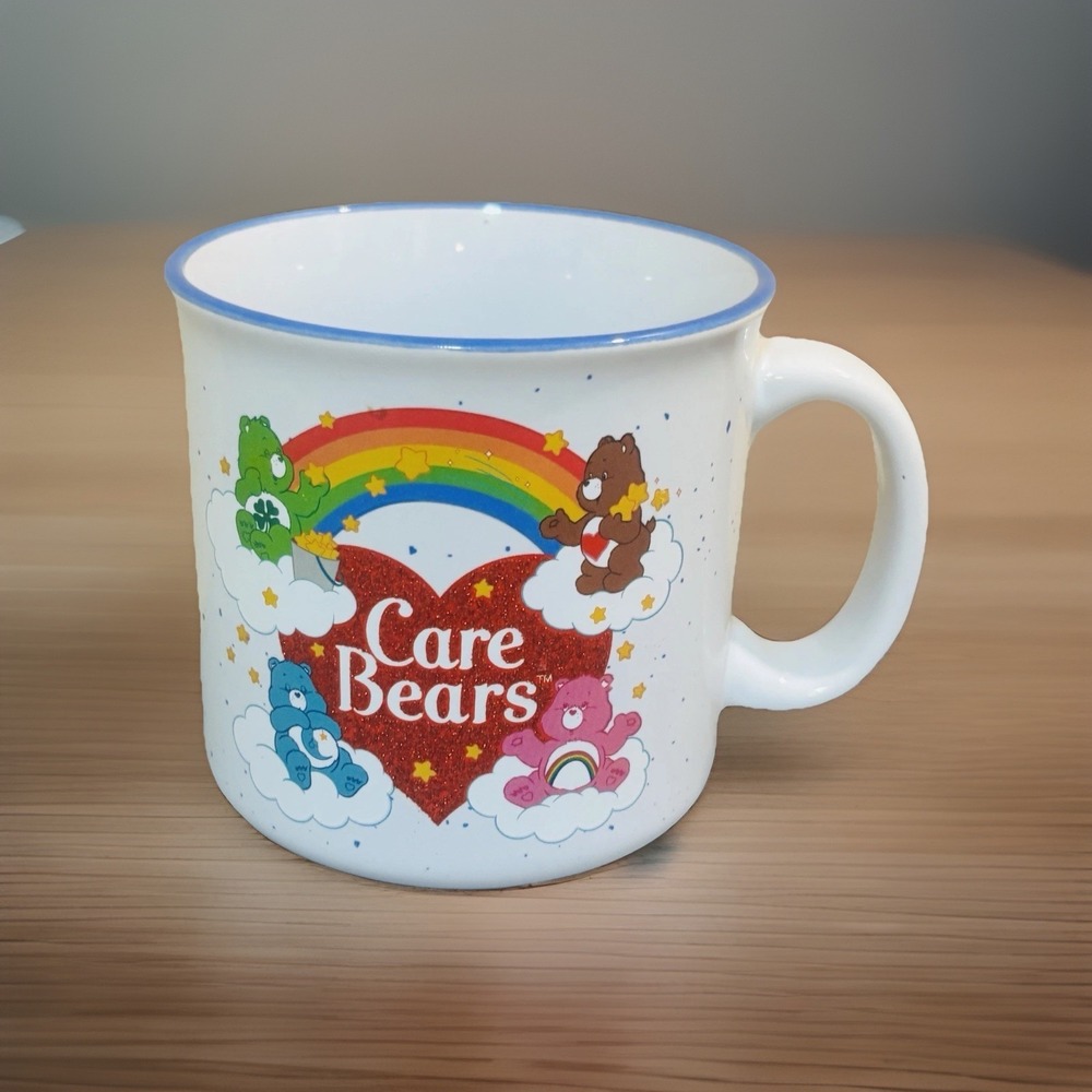 Care Bears Rainbow Glitter Heart Bedtime Ceramic Camper Style Coffee 20oz Mug
